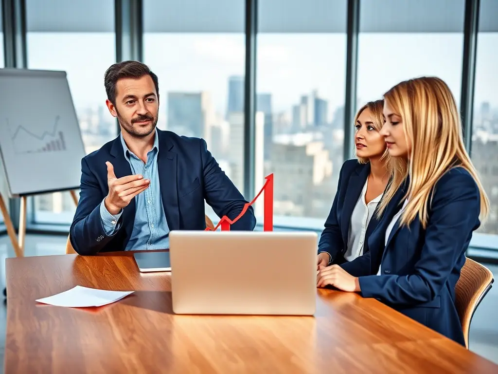 A professional business coach is guiding a young entrepreneur through a strategic planning session in a modern office setting. The coach is pointing at a whiteboard filled with business models and growth strategies.