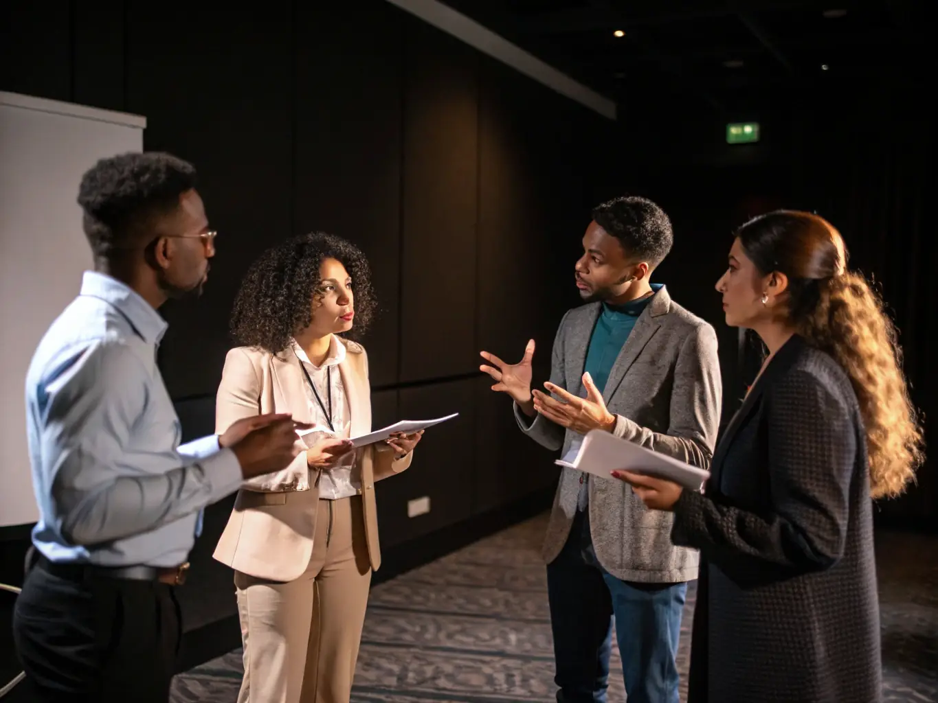 A diverse group of business professionals is participating in a leadership workshop, engaging in team-building exercises and discussions. The atmosphere is collaborative and focused on skill development.